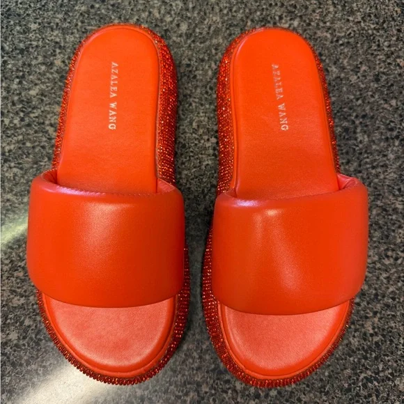 “AZALEA WANG” Rhinestone Platform Puffed Slide Sandals - Picture 5 of 13